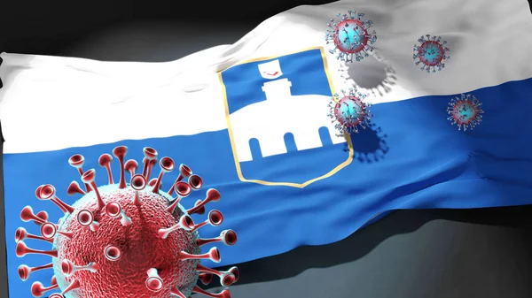 Osijek 'teki Covid - Coronavirus, Osijek' in bir şehir bayrağına saldırıyor. Virüs salgınıyla mücadele sembolü olarak, bu şehirde 3D illüstrasyon.