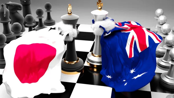 Japonya Avustralya krizi, çatışma, çatışma ve bu iki ülke arasında bir ticaret anlaşması veya ulusal bayraklarla oynanan bir satranç oyunuyla sembolize edilen hakimiyet, 3D illüstrasyon