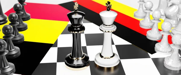 比利时和德国两国之间的冲突 危机和辩论 其目的是达成一项贸易协议和以悬挂国旗的国际象棋游戏为象征的支配地位 — 图库照片