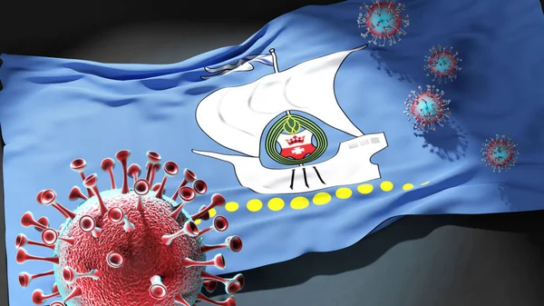 Covid Kaliningrado Coronavirus Atacando Una Bandera Ciudad Kaliningrado Como Símbolo — Foto de Stock