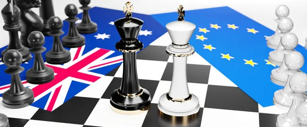 Australia and EU Europe conflict, clash, crisis and debate between those two countries that aims at a trade deal and dominance symbolized by a chess game with national flags, 3d illustration