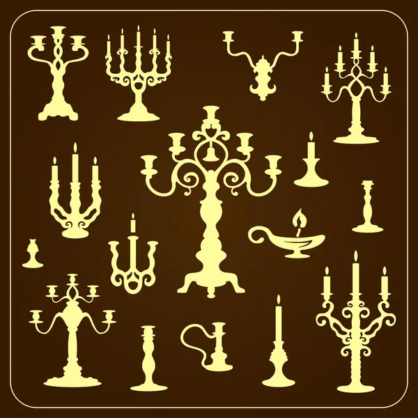 Set of vintage candlesticks. openwork metal — Stock Vector