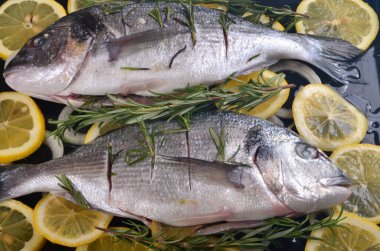 Limon dilimleriyle doldurulmuş Dorado balığı ve pişirmek için yeşil biberiye.