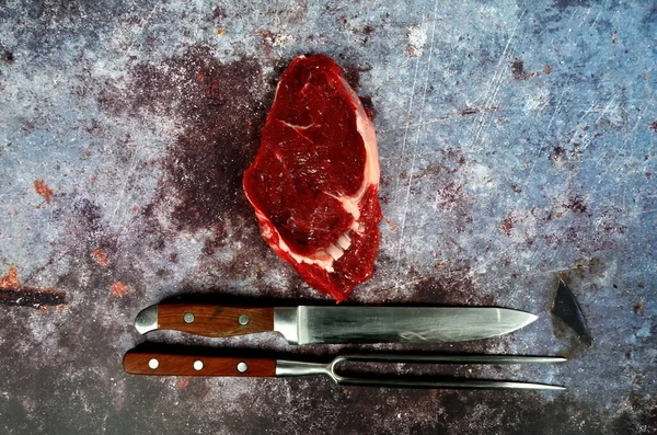 Raw Meat Roasting Knife Fork Beef Steak Dark Rustic Background — Stock Photo, Image