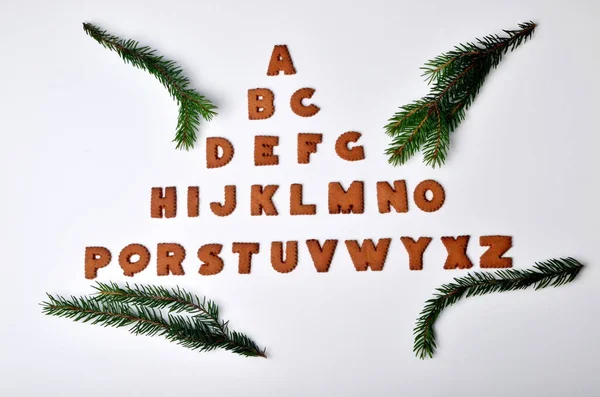 ジンジャーブレッドクリスマスアルファベット白の背景にクリスマスの装飾と属性 — ストック写真