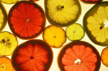 Dilimlenmiş narenciye arkaplanı bir ışık masasında. Şeffaf narenciye dilimleri. Kırmızı greyfurt, portakal, limon, limon, mandalina