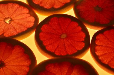 Dilimlenmiş narenciye arkaplanı bir ışık masasında. Şeffaf narenciye dilimleri. Kırmızı greyfurt, portakal, limon, limon, mandalina