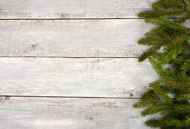 Boş gri tahta arka planda yeşil ladin dalları var. Noel arkaplanı, kopyalama alanı