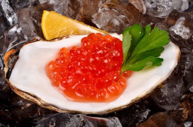Taze kırmızı somon havyarı ve istiridye kabuklarındaki limon dilimleri eski metal tepside buzun üzerinde
