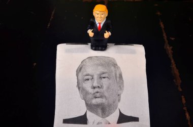Riga, Letonya - 07 Ocak 2021: Pantolonu aşağıda Trump 'ın resmiyle tuvalet kağıdının üzerinde duran küçük Donald Trump figürü