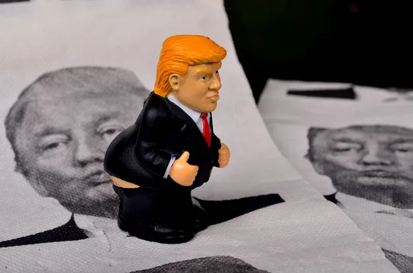 Riga, Letonya - 07 Ocak 2021: Pantolonu aşağıda Trump 'ın resmiyle tuvalet kağıdının üzerinde duran küçük Donald Trump figürü