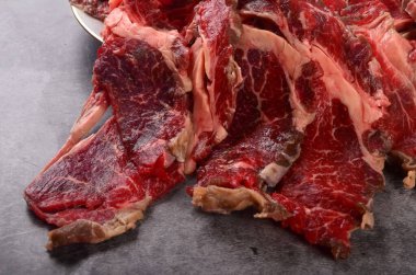 Beyaz bir tabakta ince kesilmiş et dilimleri, gri arka plan.