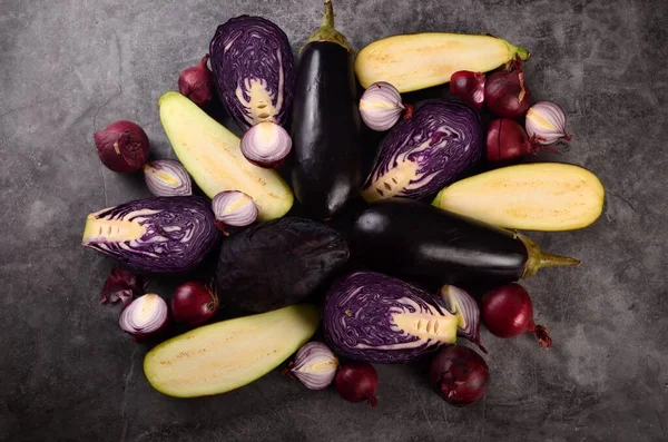 Still Life Fresh Purple Vegetables Gray Background Collection Fresh Purple — Stock Photo, Image