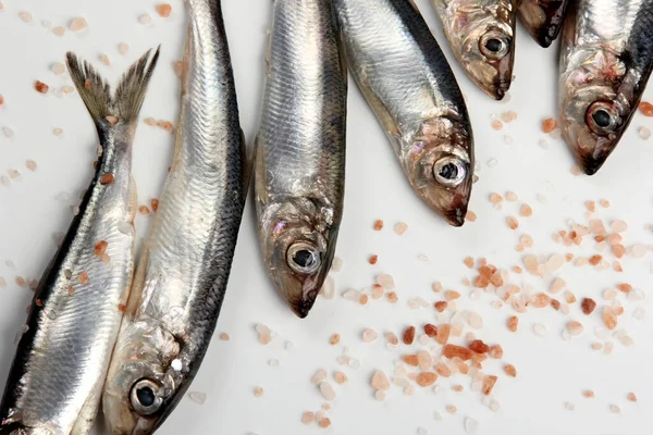 Beyaz bir zemin üzerinde pembe Himalaya tuzu bulunan taze çiğ Baltık ringası. Taze gümüş balık. 