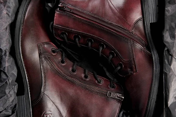 Riga Latvia February 2021 Women Ankle Boots Burgundy Leather Fashionable — Stock Photo, Image