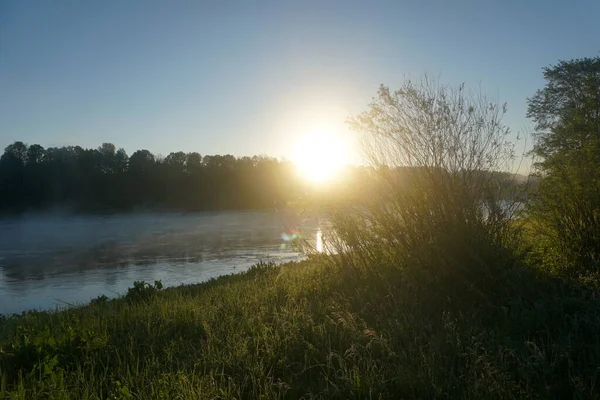 Mlha Řece Časně Ráno Západ Slunce Létě — Stock fotografie