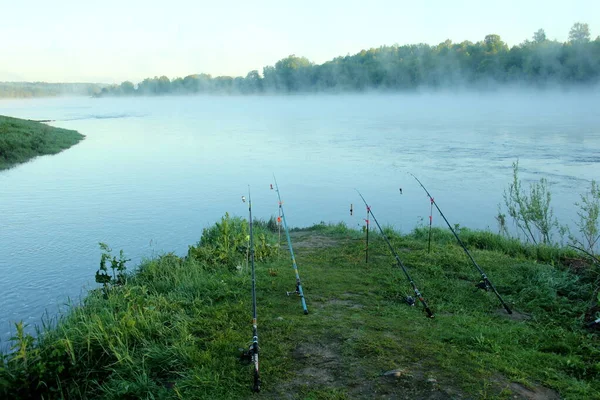 Рыболовные Палочки Реки Туман Реке Рано Утром Закат Летом — стоковое фото