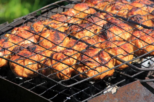 Gegrillte Fleischspieße Grillen Frischfleisch Halter Über Feuer Verbrannte Grillkohle Bei — Stockfoto