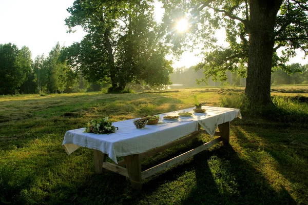 Mesa Fiesta Aire Libre Escena Verano Atardecer Antigua Mesa Madera — Foto de Stock