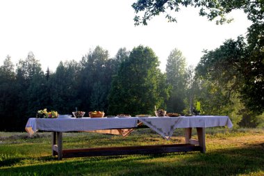 Manzaralı parktaki devasa ahşap piknik masasında eski ağaçlar, sarı günbatımı ışığı. Açık Masa Yemek Konsepti