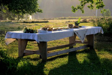 Manzaralı parktaki devasa ahşap piknik masasında eski ağaçlar, sarı günbatımı ışığı. Açık Masa Yemek Konsepti
