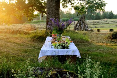 Yaz ortası yemek masası. Ağaçların altındaki bahçede içecekler ve yiyeceklerle dolu bir masa. Masanın üzerinde mavi çayır çiçekleri olan cam bir vazo var. Letonya LIGO Festivali