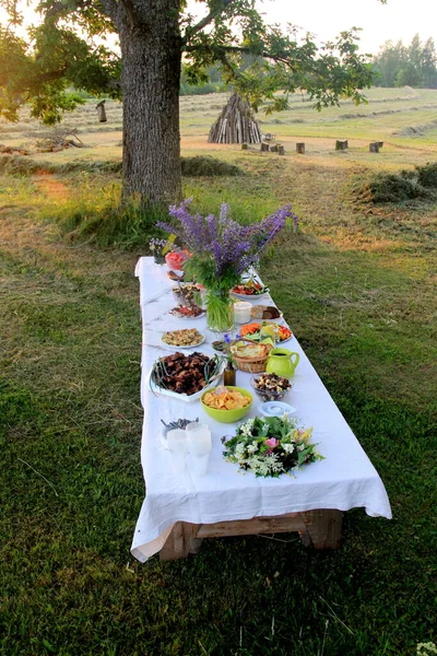 Szentivánéji Ételasztal Asztal Tele Italokkal Étellel Kertben Fák Alatt Asztalon — Stock Fotó