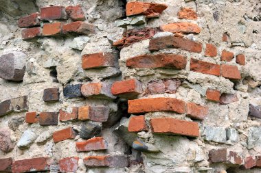 Kırmızıtuğlalı ve taşlı eski duvarlar. Eski kırmızı tuğlalı duvarlar. Eski grunge arka planı. 