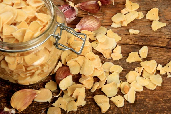 Dried Garlic Flakes Old Wooden Plank Background Dried Vegetables Stock Image