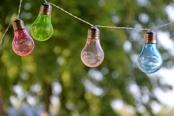 String Colored Electric Lights Landscape Background Selective Focus — Stock Photo, Image