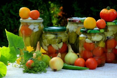 Preserves vegetables in glass jars on the table in summer garden. glass jars with various vegetables. Marinated food.Jars of pickled vegetables in the garden.