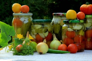 Preserves vegetables in glass jars on the table in summer garden. glass jars with various vegetables. Marinated food.Jars of pickled vegetables in the garden.