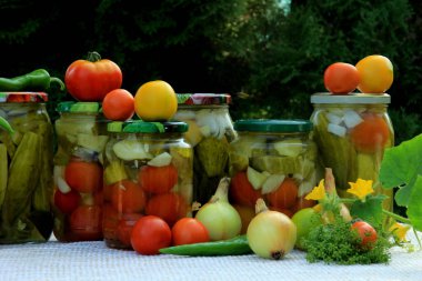 Preserves vegetables in glass jars on the table in summer garden. glass jars with various vegetables. Marinated food.Jars of pickled vegetables in the garden.