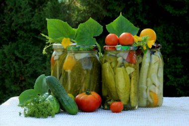 Preserves vegetables in glass jars on the table in summer garden. glass jars with various vegetables. Marinated food.Jars of pickled vegetables in the garden.