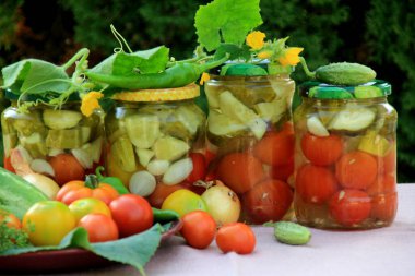 Preserves vegetables in glass jars on the table in summer garden. glass jars with various vegetables. Marinated food.Jars of pickled vegetables in the garden.