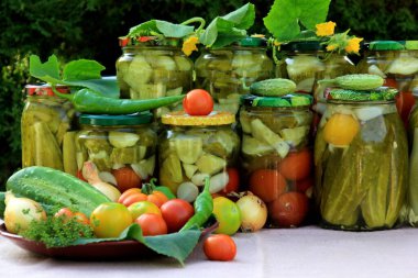 Preserves vegetables in glass jars on the table in summer garden. glass jars with various vegetables. Marinated food.Jars of pickled vegetables in the garden.