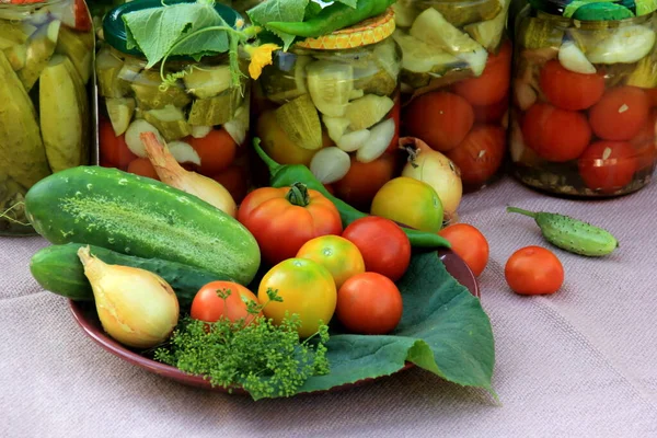 Preserves Vegetables Glass Jars Table Summer Garden Glass Jars Various — Stockfoto