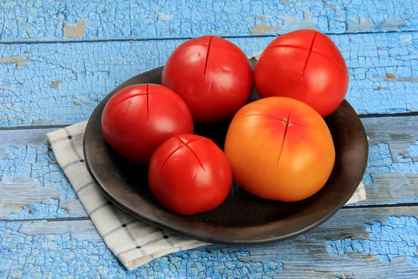 Tomates Vermelhos Frescos Preparam Para Branquear Tomates Com Reduções Uma — Fotografia de Stock