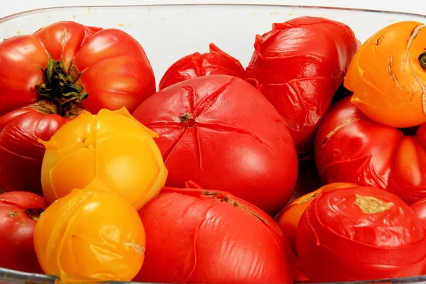 Blanchierte Rote Tomaten Auf Einem Teller Bereit Zum Schälen Tomatenverarbeitung — Stockfoto