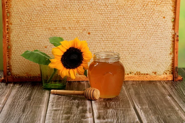 Honeycomb Wooden Frame Decorated Sunflower Glass Jar Honey Wooden Background — Stock Photo, Image