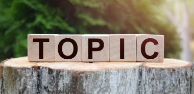 TOPIC kelimesi tahta küplere yazılır. Tasarımınız ve kavramlarınız için yeşil çimen arka planında tahta küpler..