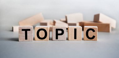 Tahta küplerdeki TOPIC yazıları hafif bir arka planda, iş ve finans kavramında izole edilmiştir..