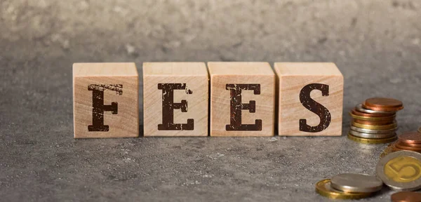 inscription FEES on wooden cubes on a gray background