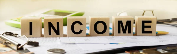 Income Inscription Texture Wooden Cubes Business Man Holds Cube His — Stock Photo, Image