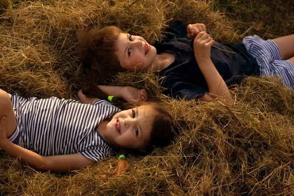 Ragazzo Una Ragazza Trovano Sull Erba Falciata Natura Riposo Campagna — Foto Stock