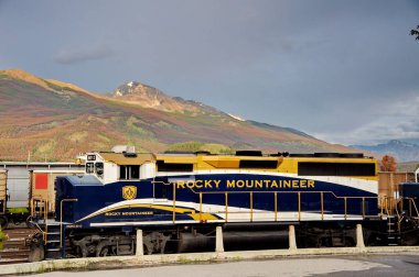 Jasper, Alberta, Kanada - 13 Temmuz 2019: Jasper Ulusal Parkı, Alberta, Kanada 'daki Jasper İstasyonu' ndaki Rocky Dağcı Treni.