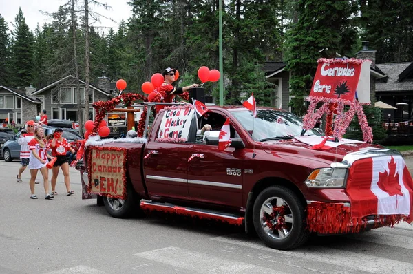 Waskesiu, Saskatchewan, Canada - July 1, 2019: Colorful parade floats and people take part in a parade to celebrate Canada Day in Prince Albert National Park.
