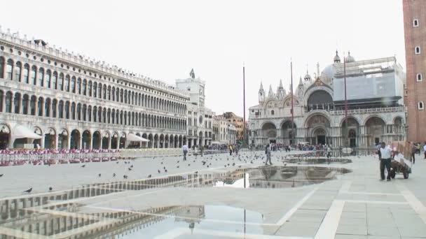 2015年9月23日 意大利威尼斯 威尼斯圣马可广场 Piazza San Marco Square 开始发生洪水 广场上有许多建筑物 如杜吉宫和圣马可坎帕尼勒宫 — 图库视频影像