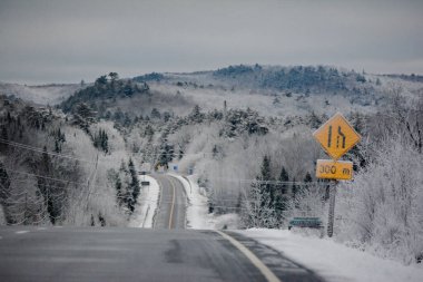 Algonquin Park, Ontario, Kanada 'da soğuk karlı bir sabah boyunca