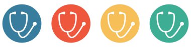 4 renkli düğme mavi, kırmızı, turuncu ve yeşil gösteriyor: Stetoskop, Doktor, Sağlık veya Sağlık Hizmetleri